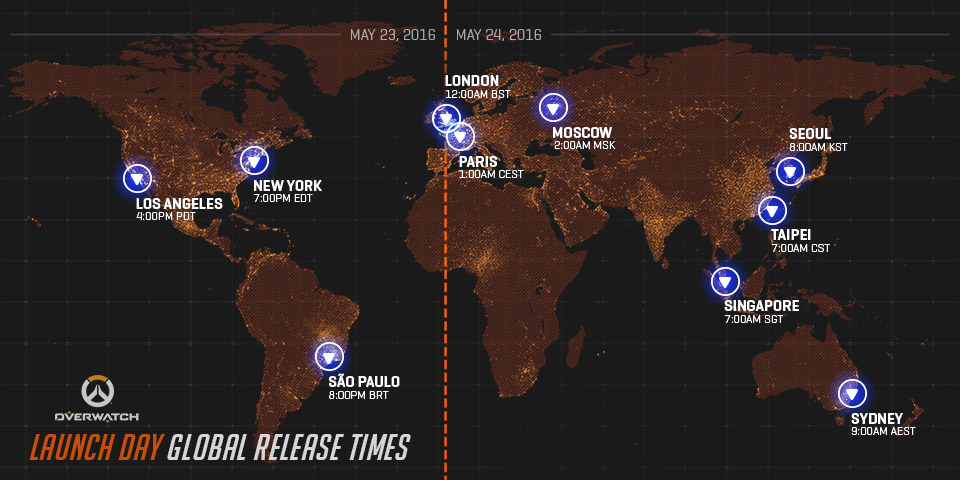 La carte des heures de lancement d'Overwatch dans le monde !