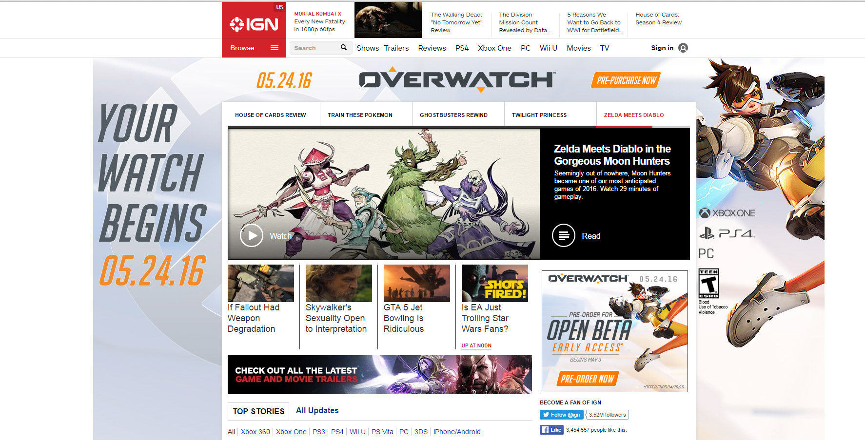 Capture d'écran de la publicité Overwatch sur le site IGN !