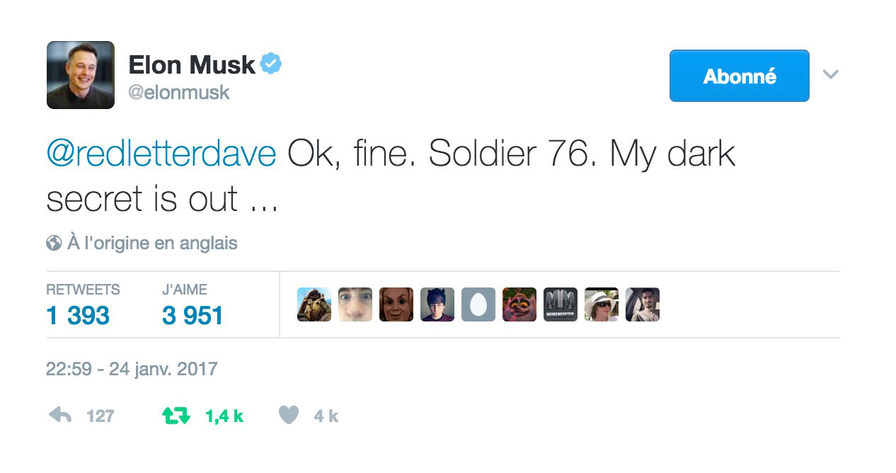 Elon Musk joue Soldat 76