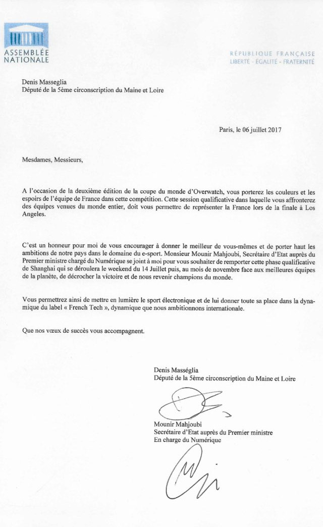 Lettre d'encouragement de la part de Denis Masséglia et de Mounir Mahjoubi pour l'équipe de France