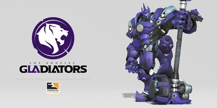 Le logo de Los Angeles Gladiators et la couleur du skin héros associé