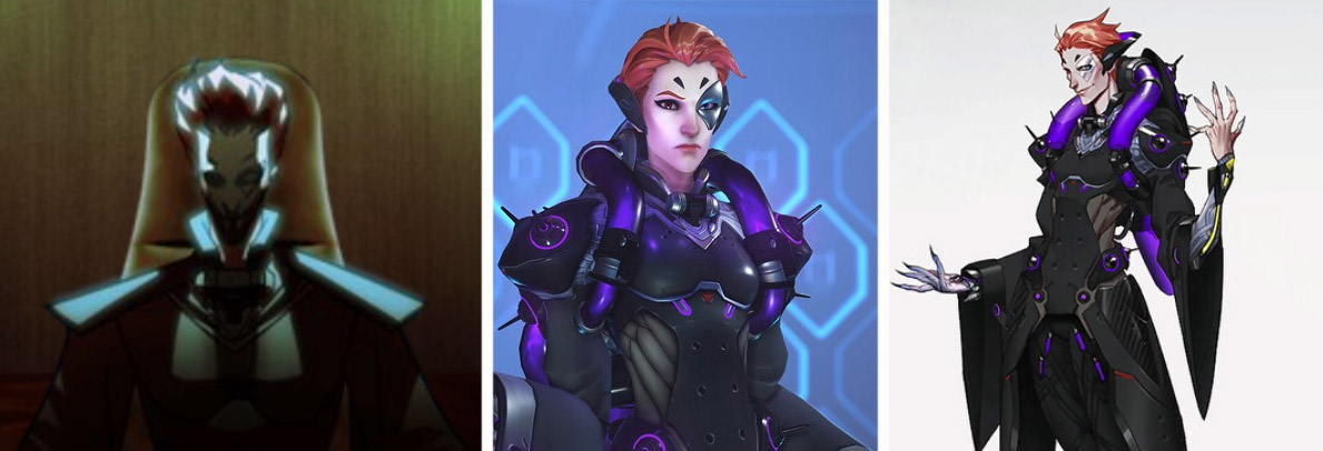 Comparaison de Moira dans le comic, en jeu, et le concept art