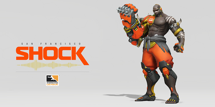 Logo de l'équipe San Francisco Shock et un skin de Doomfist